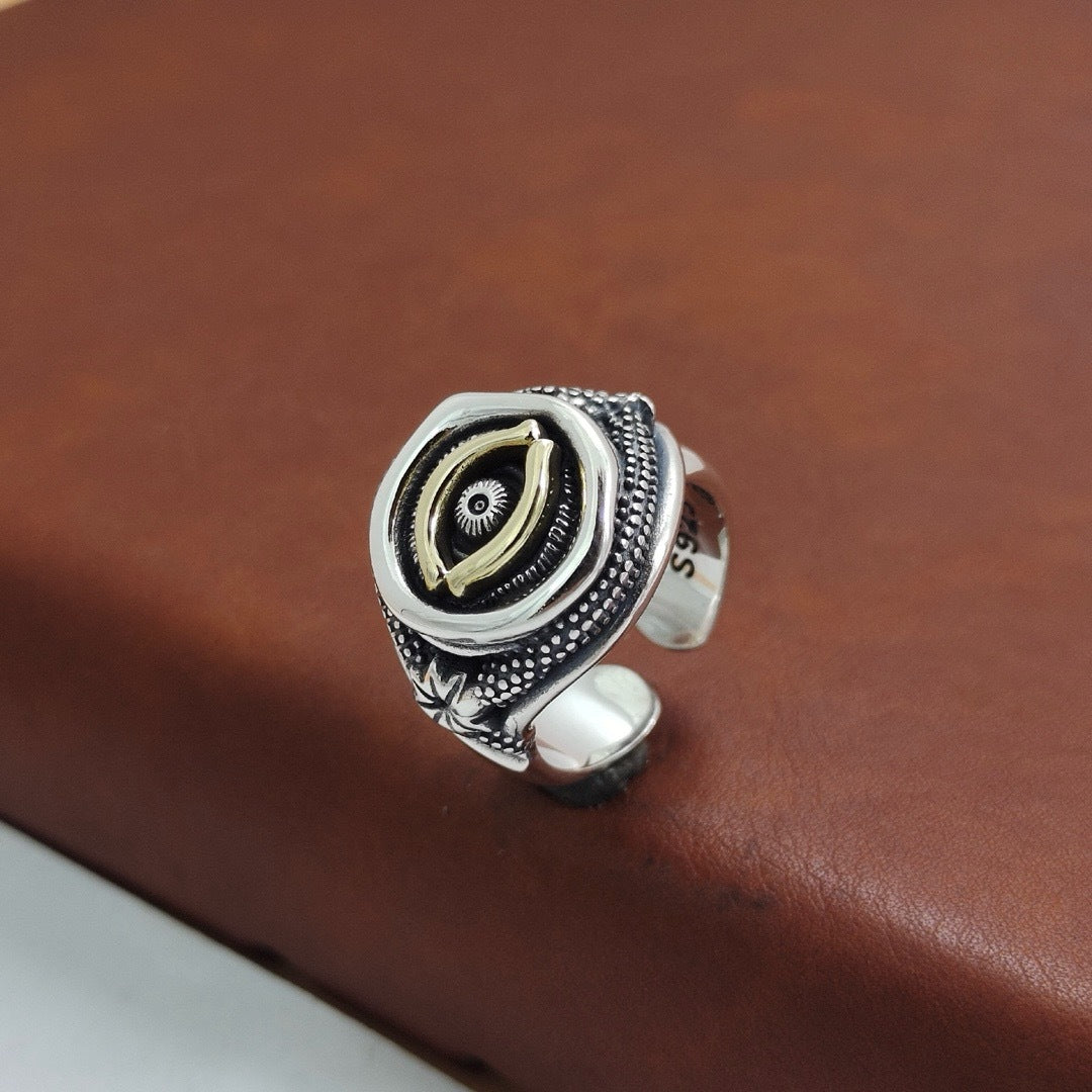 GEMURO Vintage 925 Silver Cthulhu Horus Eye Ring – Gothic Occult Protection | Adjustable Dark Energy Statement Ring