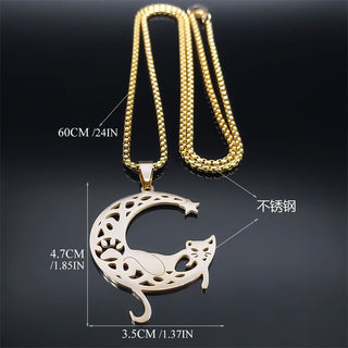 Cross-Border Fashion Creative Cat Moon Cartoon Pendant Simple Personality C- Shaped Cute Moon Cat Gold-Plated Necklace