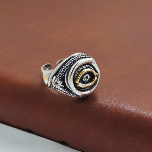 GEMURO Vintage 925 Silver Cthulhu Horus Eye Ring – Gothic Occult Protection | Adjustable Dark Energy Statement Ring