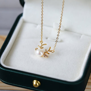 GEMURO Elegant Deer & Freshwater Pearl Necklace Set | 14K Gold Plated Copper | Nature-Inspired Jewelry for Women