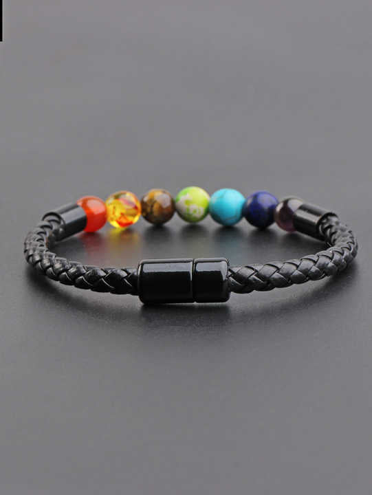 GEMURO Men’s 7 Chakra Crystal Bracelet – Braided Leather Social Energy Enhancer with Magnetic Clasp – Boost Confidence & Charm in Every Interaction