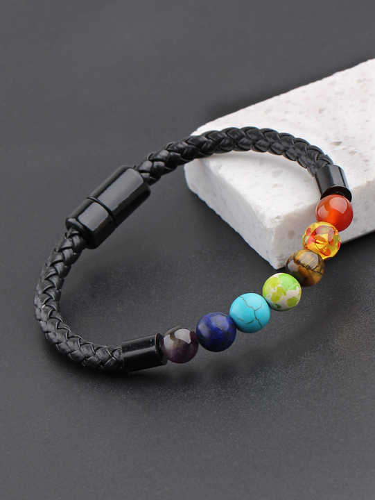 GEMURO Men’s 7 Chakra Crystal Bracelet – Braided Leather Social Energy Enhancer with Magnetic Clasp – Boost Confidence & Charm in Every Interaction