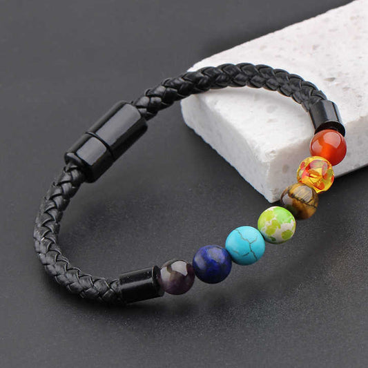 GEMURO Men’s 7 Chakra Crystal Bracelet – Braided Leather Social Energy Enhancer with Magnetic Clasp – Boost Confidence & Charm in Every Interaction