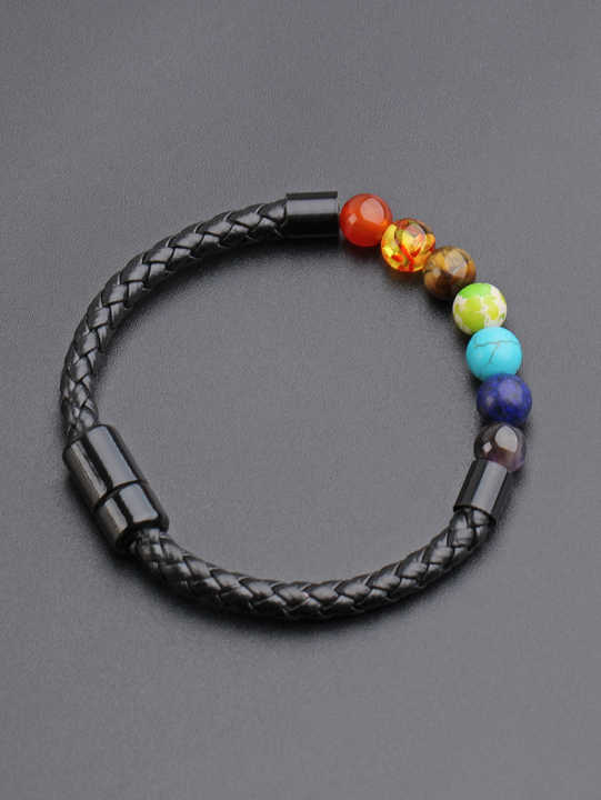 GEMURO Men’s 7 Chakra Crystal Bracelet – Braided Leather Social Energy Enhancer with Magnetic Clasp – Boost Confidence & Charm in Every Interaction