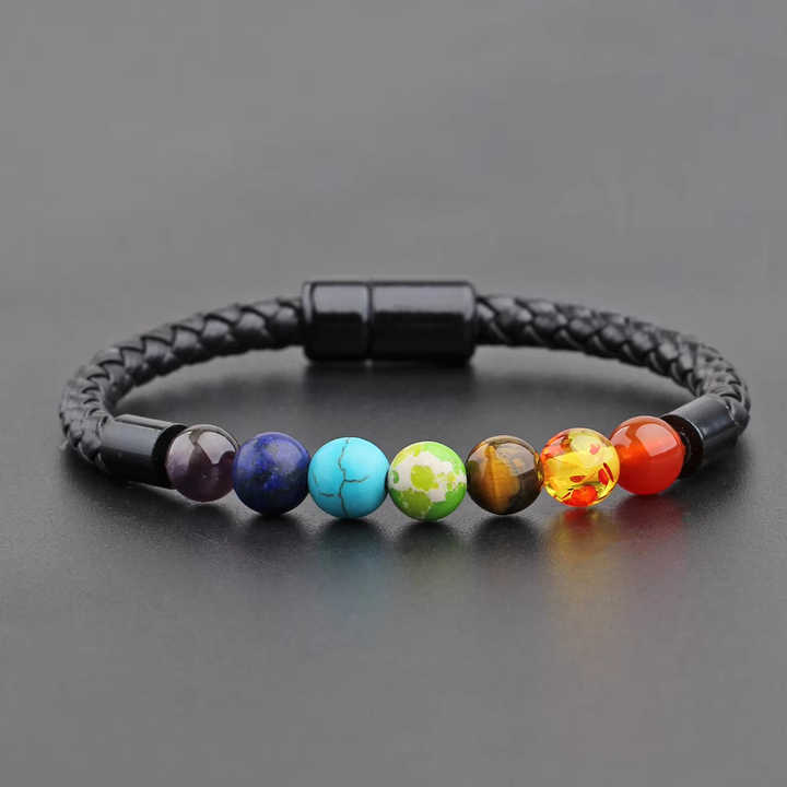 GEMURO Men’s 7 Chakra Crystal Bracelet – Braided Leather Social Energy Enhancer with Magnetic Clasp – Boost Confidence & Charm in Every Interaction