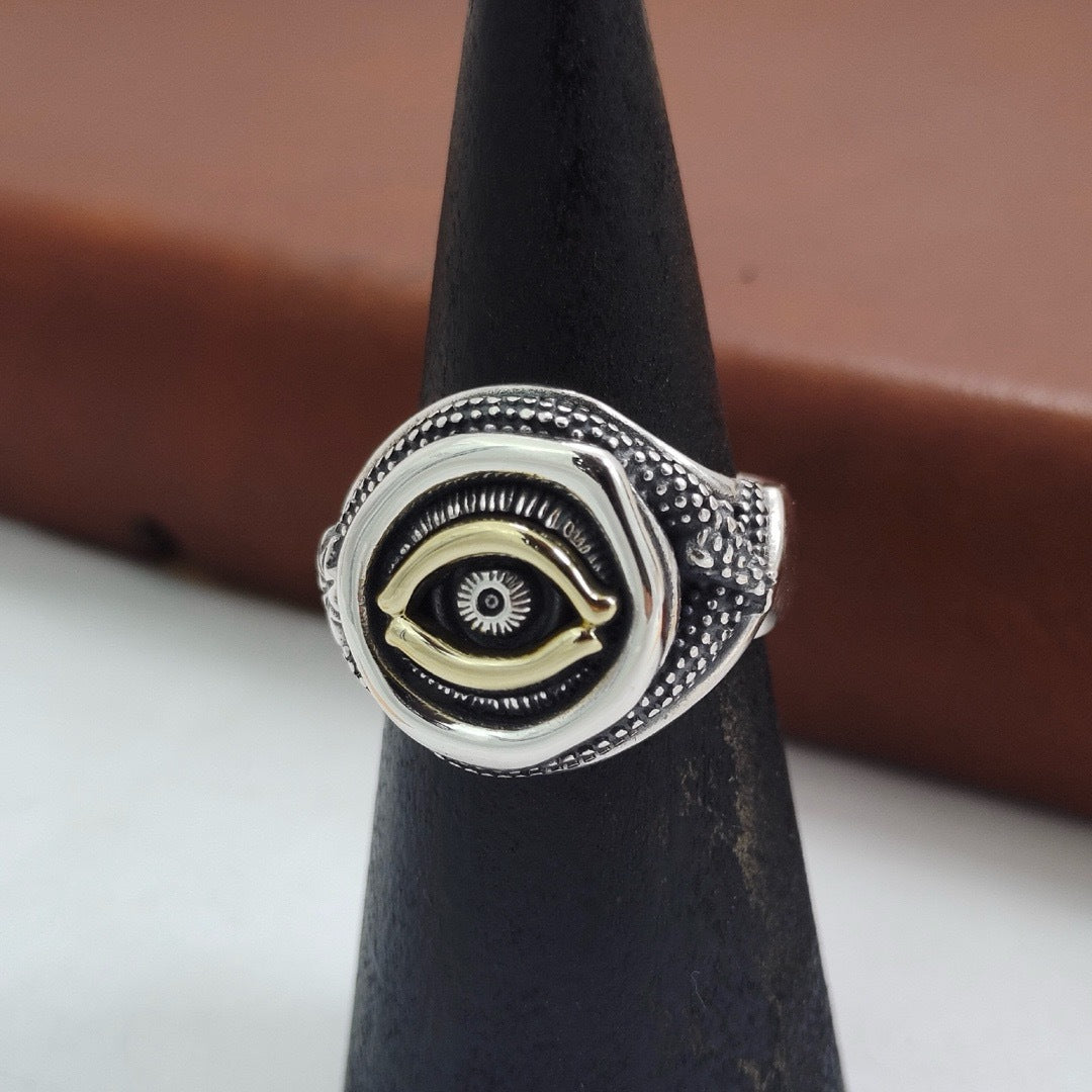 GEMURO Vintage 925 Silver Cthulhu Horus Eye Ring – Gothic Occult Protection | Adjustable Dark Energy Statement Ring