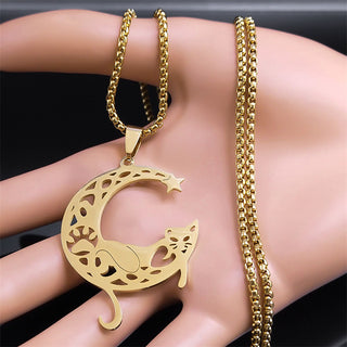 Cross-Border Fashion Creative Cat Moon Cartoon Pendant Simple Personality C- Shaped Cute Moon Cat Gold-Plated Necklace