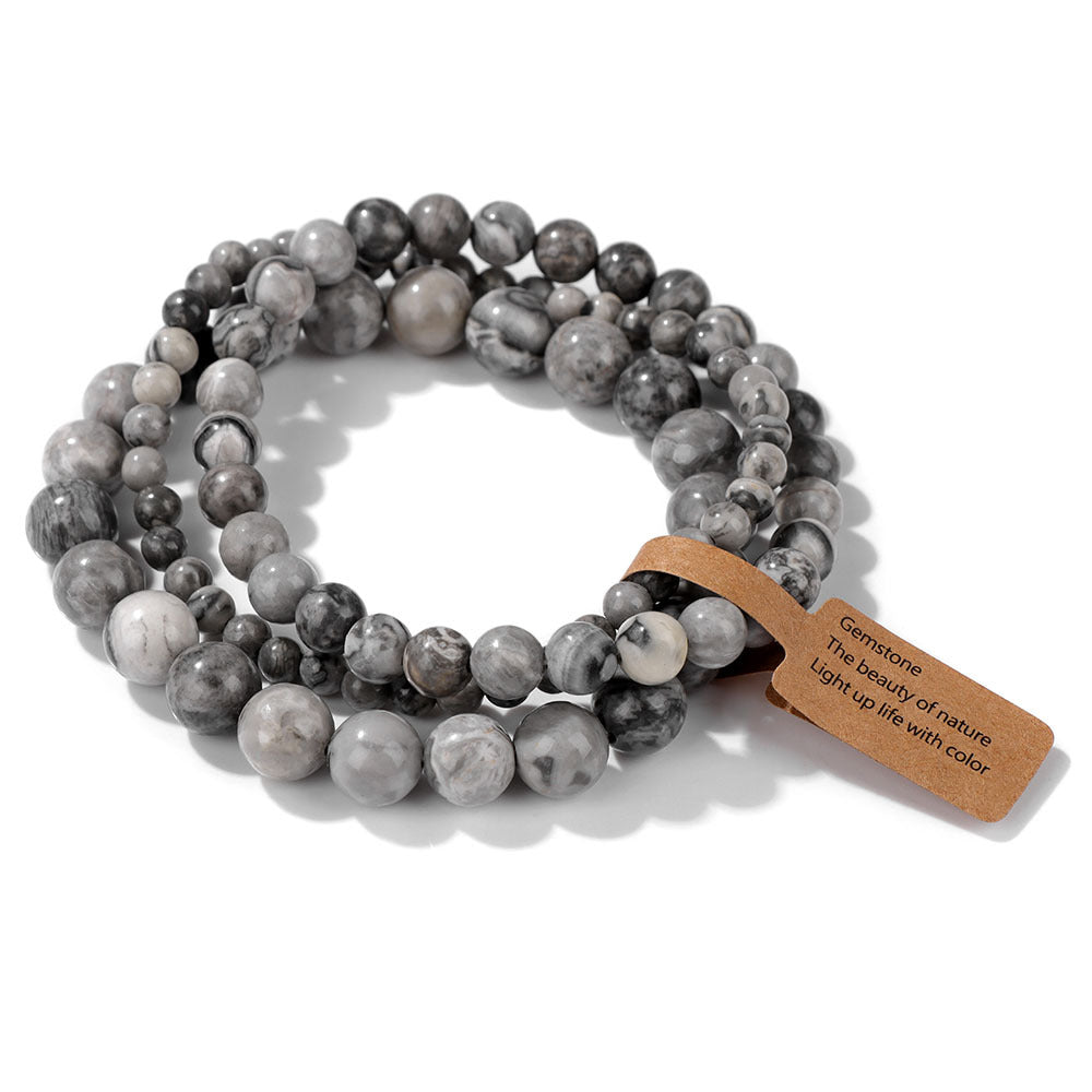 GEMURO 3-Piece Natural Stone Beaded Bracelet Set | 4mm/6mm/8mm Elastic Adjustable Bracelets | Unisex Healing Energy