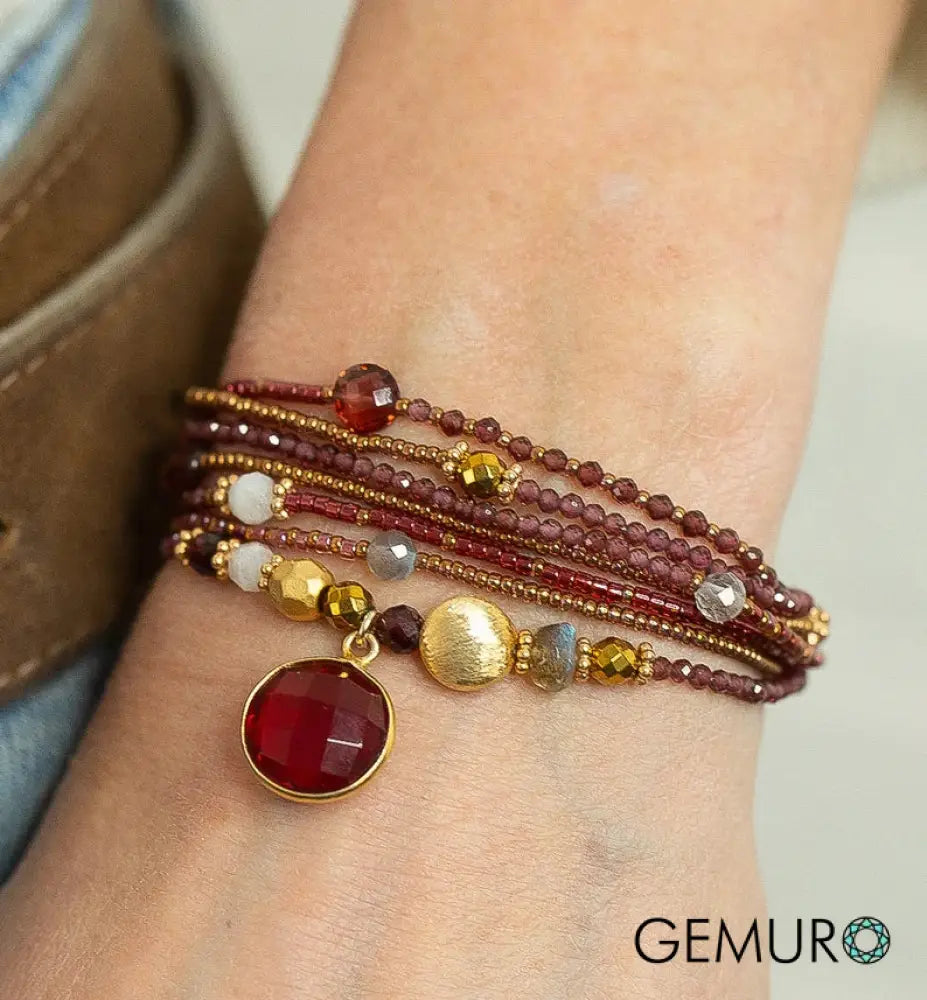 7x wrap garnet bracelet with moonstone accents