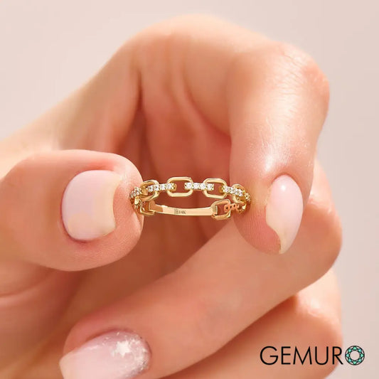GEMURO 14k Gold Chain Ring | Dainty Solid Gold Link Ring | Minimalist Stacking Ring with CZ Diamonds | Handmade Gift