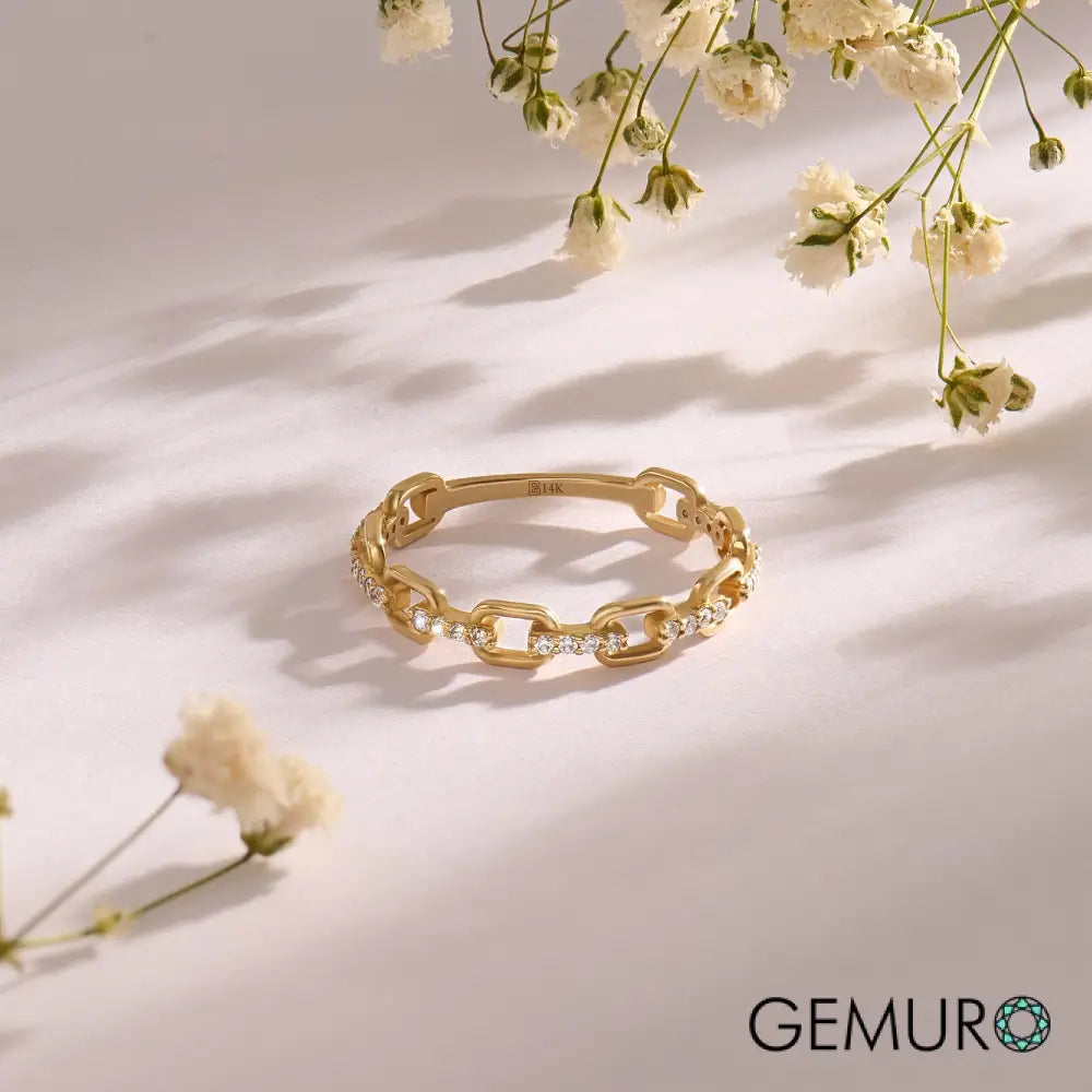 GEMURO 14k Gold Chain Ring | Dainty Solid Gold Link Ring | Minimalist Stacking Ring with CZ Diamonds | Handmade Gift