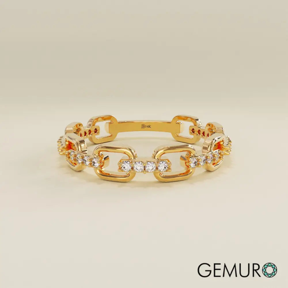 GEMURO 14k Gold Chain Ring | Dainty Solid Gold Link Ring | Minimalist Stacking Ring with CZ Diamonds | Handmade Gift