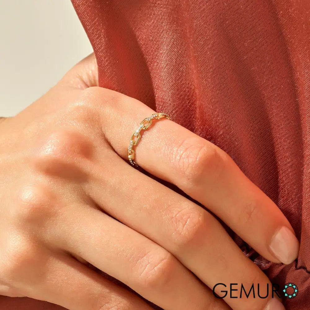 GEMURO 14k Gold Chain Ring | Dainty Solid Gold Link Ring | Minimalist Stacking Ring with CZ Diamonds | Handmade Gift