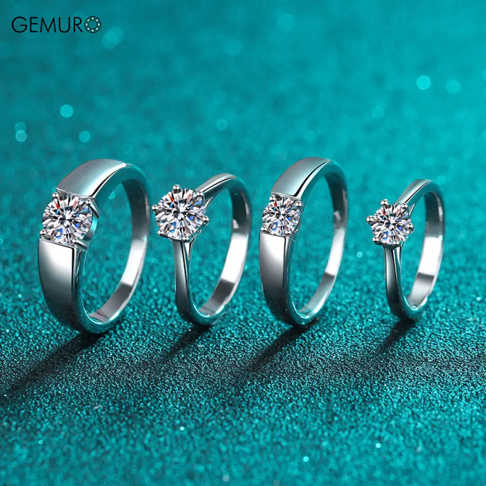 GEMURO 925 Sterling Silver Couple Ring | Crystal Zircon Four & Six Claw Design | Romantic Heart Wedding Band