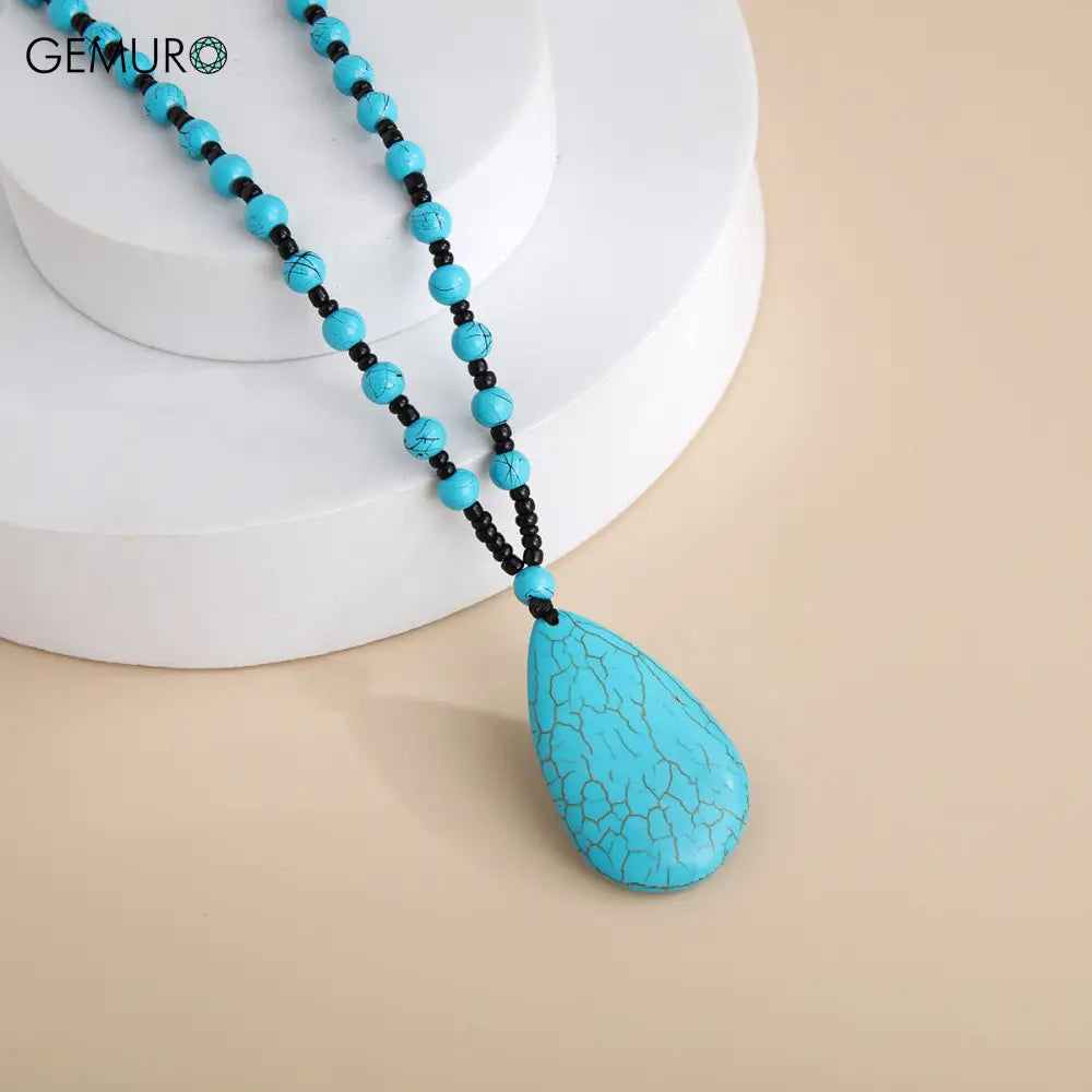 GEMURO Bohemian Turquoise Energy Necklace – Long Knotted Tribal Pendant for Spiritual Flow & Protection ✨ Sky blue