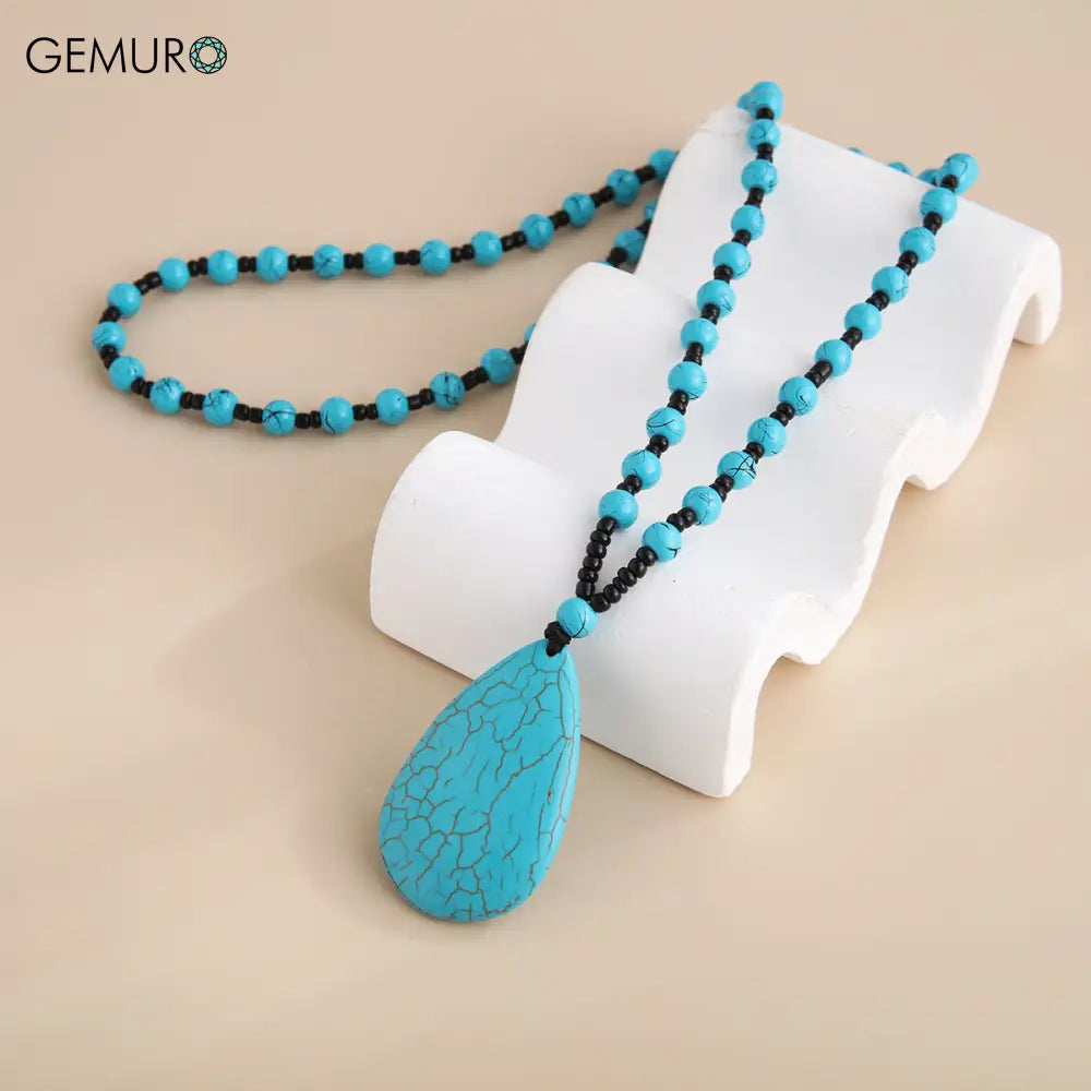 GEMURO Bohemian Turquoise Energy Necklace – Long Knotted Tribal Pendant for Spiritual Flow & Protection ✨ Sky blue