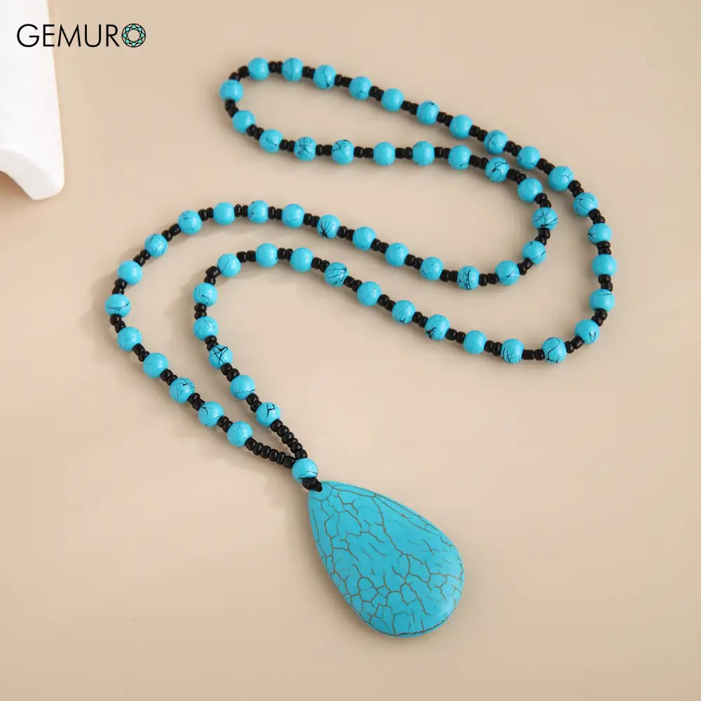 GEMURO Bohemian Turquoise Energy Necklace – Long Knotted Tribal Pendant for Spiritual Flow & Protection ✨ Sky blue