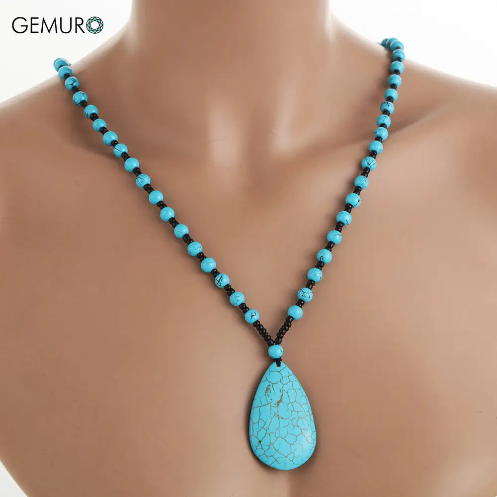GEMURO Bohemian Turquoise Energy Necklace – Long Knotted Tribal Pendant for Spiritual Flow & Protection ✨ Sky blue