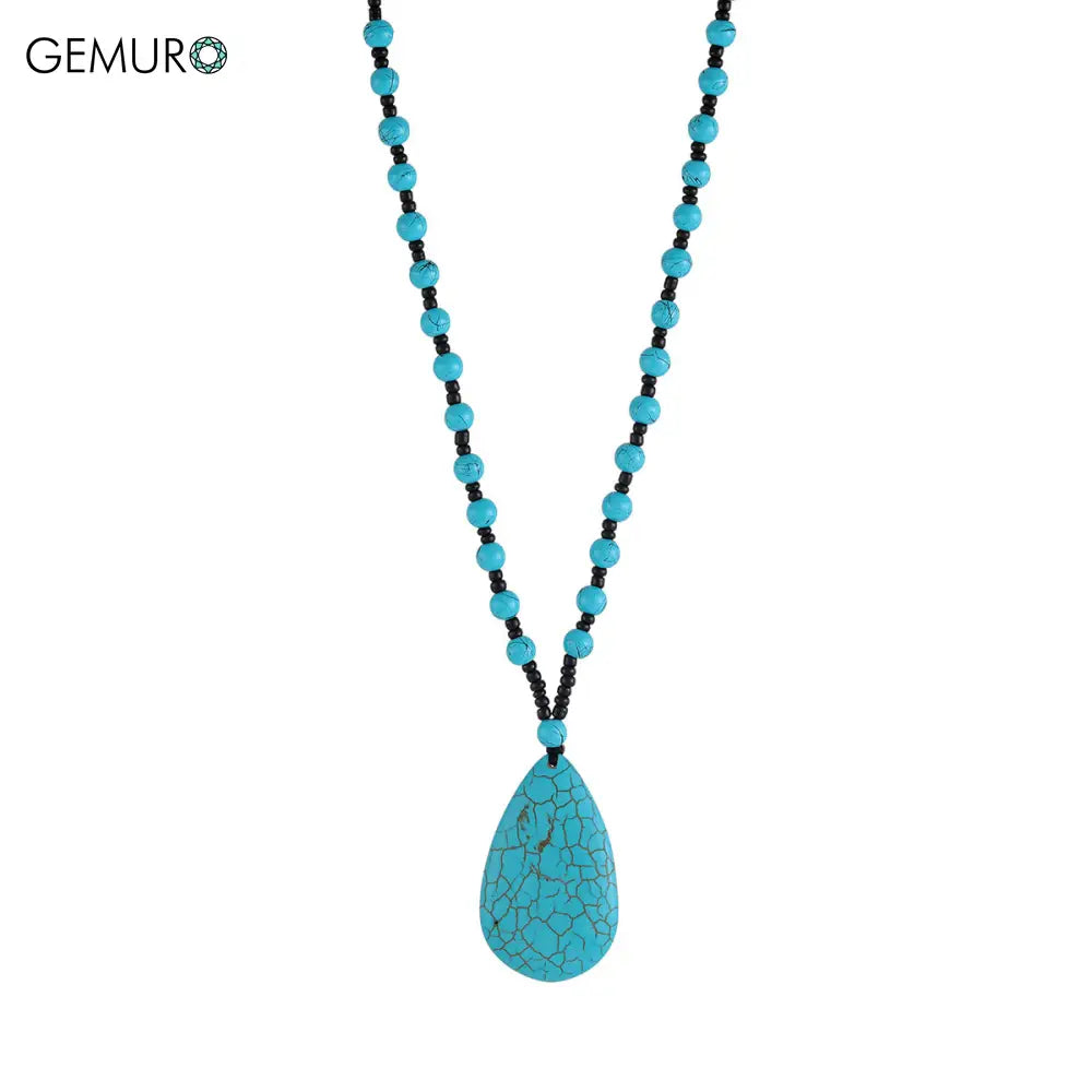 GEMURO Bohemian Turquoise Energy Necklace – Long Knotted Tribal Pendant for Spiritual Flow & Protection ✨ Sky blue