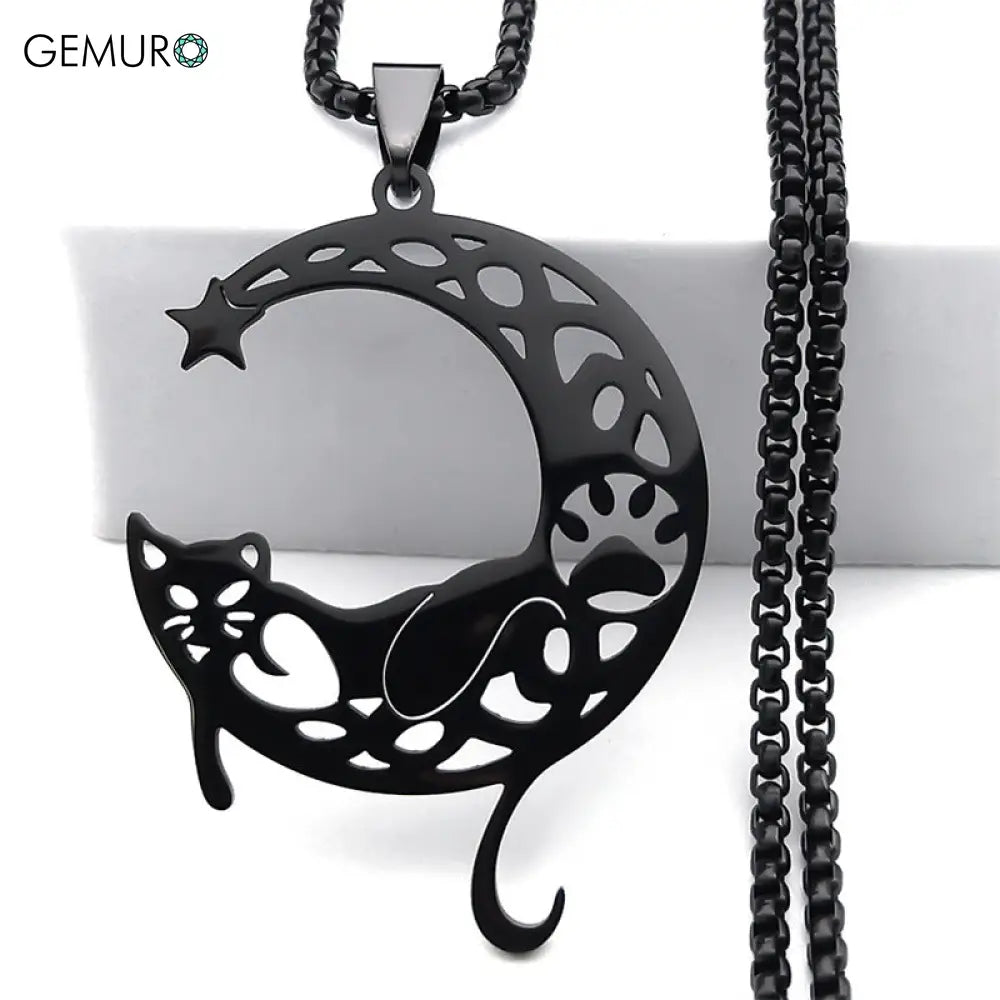 GEMURO Cat & Moon Gold Necklace – Whimsical Cartoon Pendant | Celestial C-Shaped Charm for Dreamers & Cat Lovers ✨
