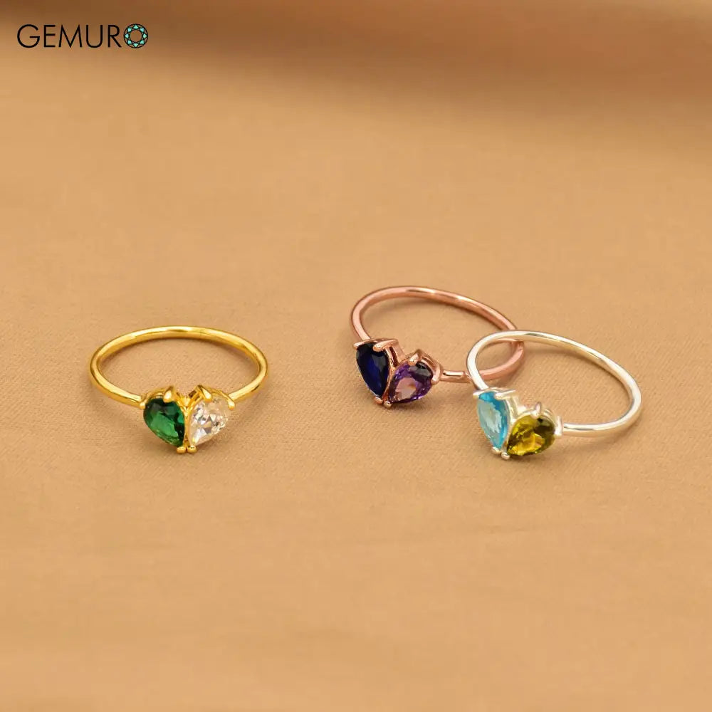 GEMURO Custom Heart Birthstone Ring – Personalized Pear Cut Stacking Ring | Gift for Mom Her Anniversary & Birthday ✨