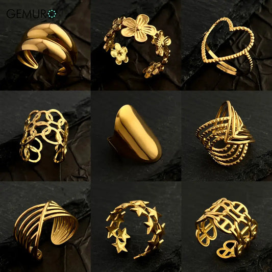 GEMURO Customized 18K Gold Plated Stainless Steel Ring | European & American Heart Flower Design | Wedding Band Initial