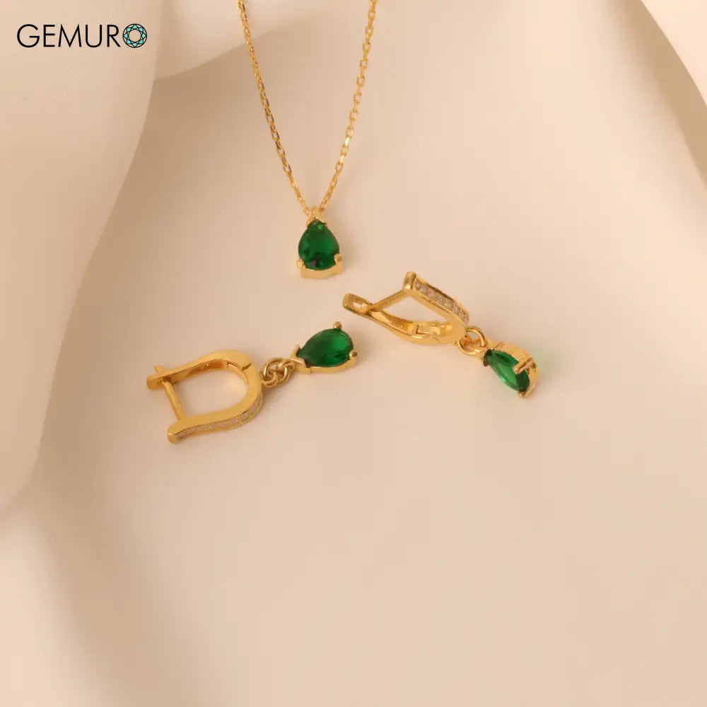 GEMURO Dainty Pear Emerald Necklace & Earrings Set | Minimalist May Birthstone Jewelry | Pave Diamond Green Emerald