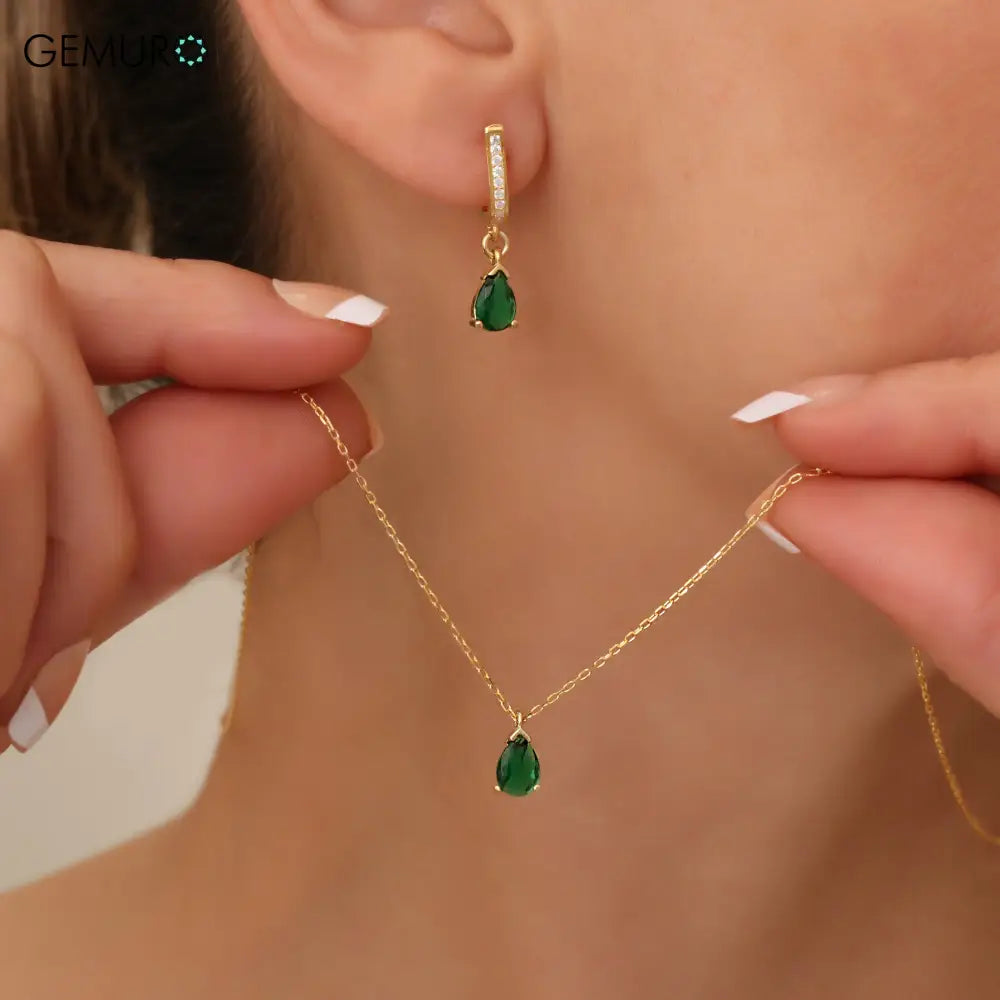 GEMURO Dainty Pear Emerald Necklace & Earrings Set | Minimalist May Birthstone Jewelry | Pave Diamond Green Emerald