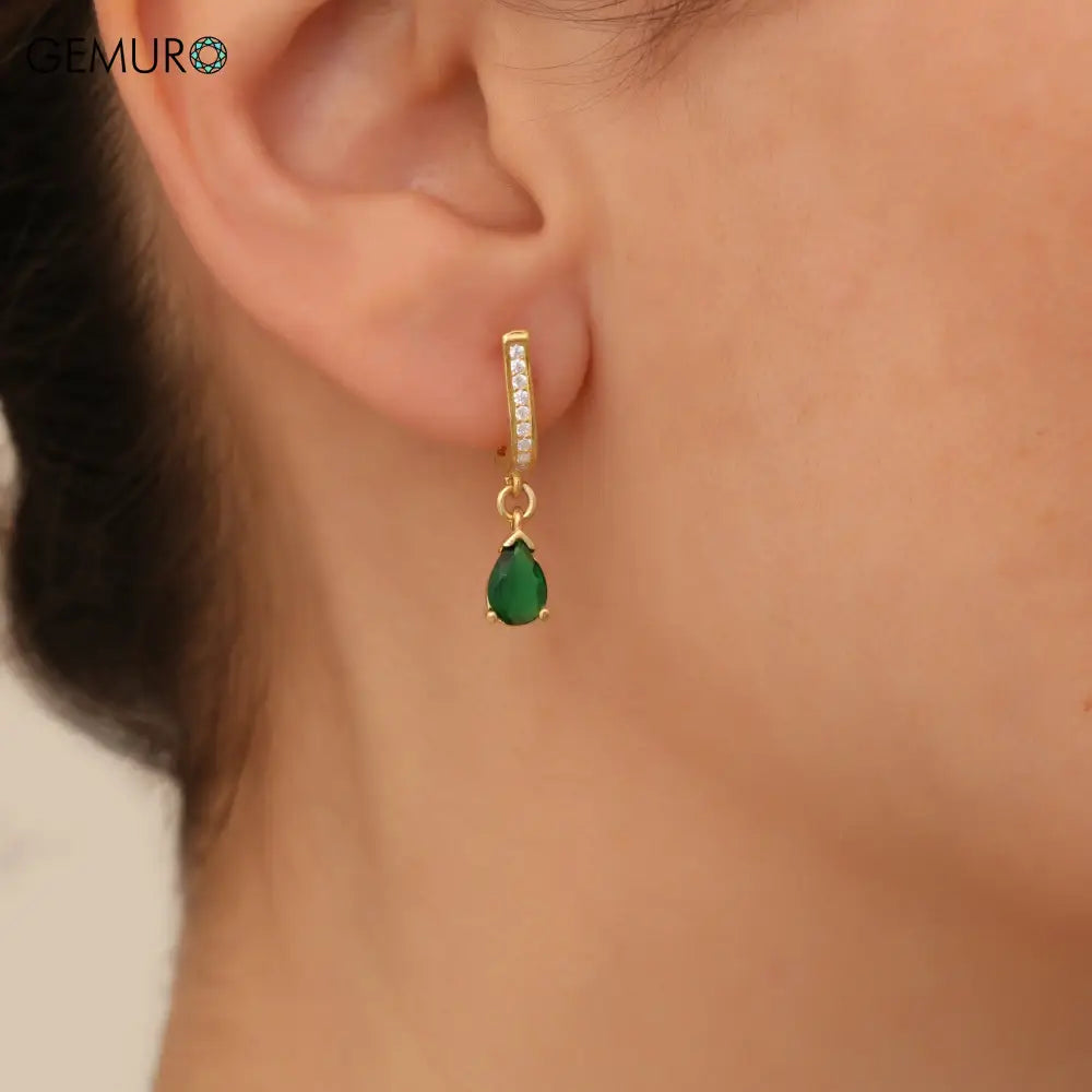 GEMURO Dainty Pear Emerald Necklace & Earrings Set | Minimalist May Birthstone Jewelry | Pave Diamond Green Emerald