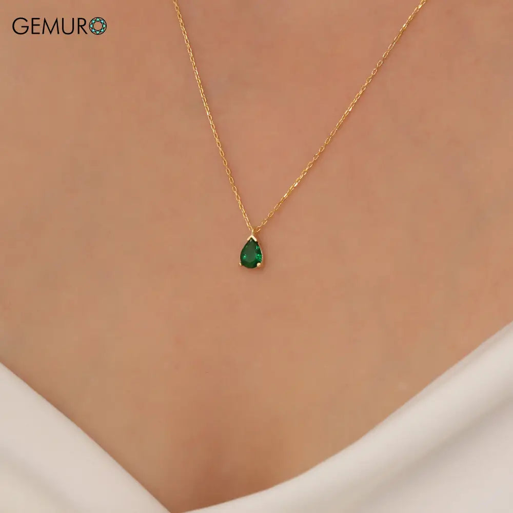 GEMURO Dainty Pear Emerald Necklace & Earrings Set | Minimalist May Birthstone Jewelry | Pave Diamond Green Emerald