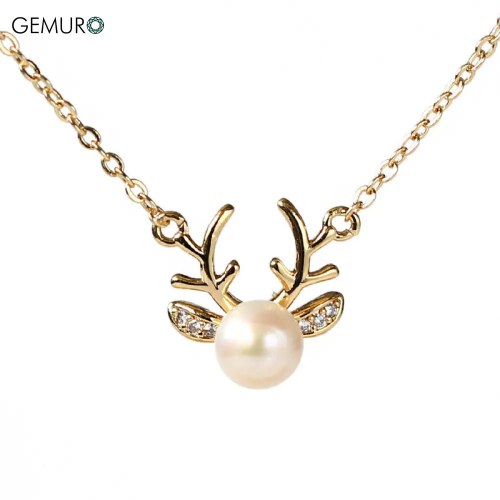 GEMURO Elegant Deer & Freshwater Pearl Necklace Set | 14K Gold Plated Copper | Nature-Inspired Jewelry for Women Deer