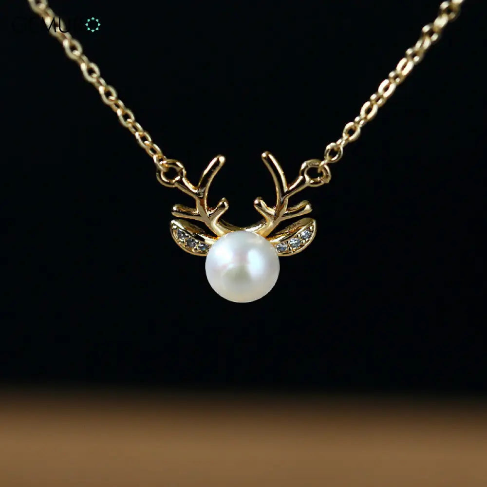 GEMURO Elegant Deer & Freshwater Pearl Necklace Set | 14K Gold Plated Copper | Nature-Inspired Jewelry for Women Deer