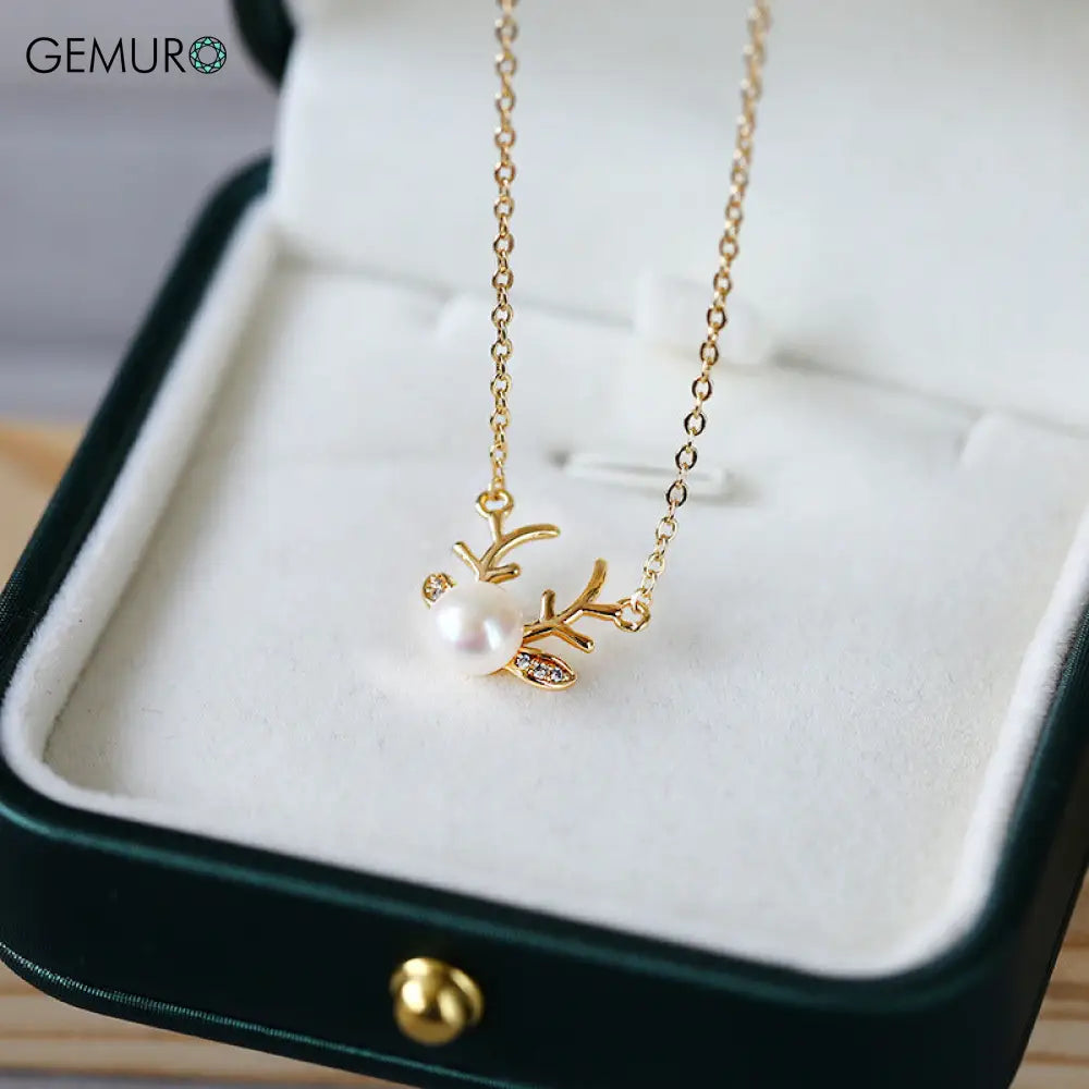 GEMURO Elegant Deer & Freshwater Pearl Necklace Set | 14K Gold Plated Copper | Nature-Inspired Jewelry for Women Deer