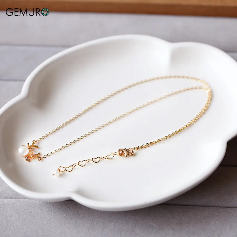 GEMURO Elegant Deer & Freshwater Pearl Necklace Set | 14K Gold Plated Copper | Nature-Inspired Jewelry for Women Deer