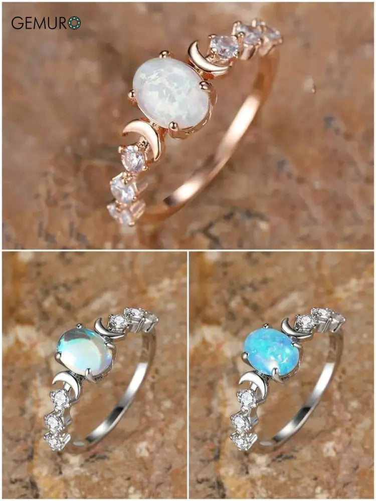 GEMURO Elegant Summer Oval Gemstone & Rhinestone Ring | Wedding & Engagement Gift for Women Rose Gold*1 pc + Silver*1