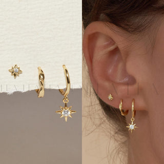 GEMURO Gold Starburst Hoop & Dangle Earrings Set – Everyday Chic & Bridesmaid Gift | CZ Star Earrings |